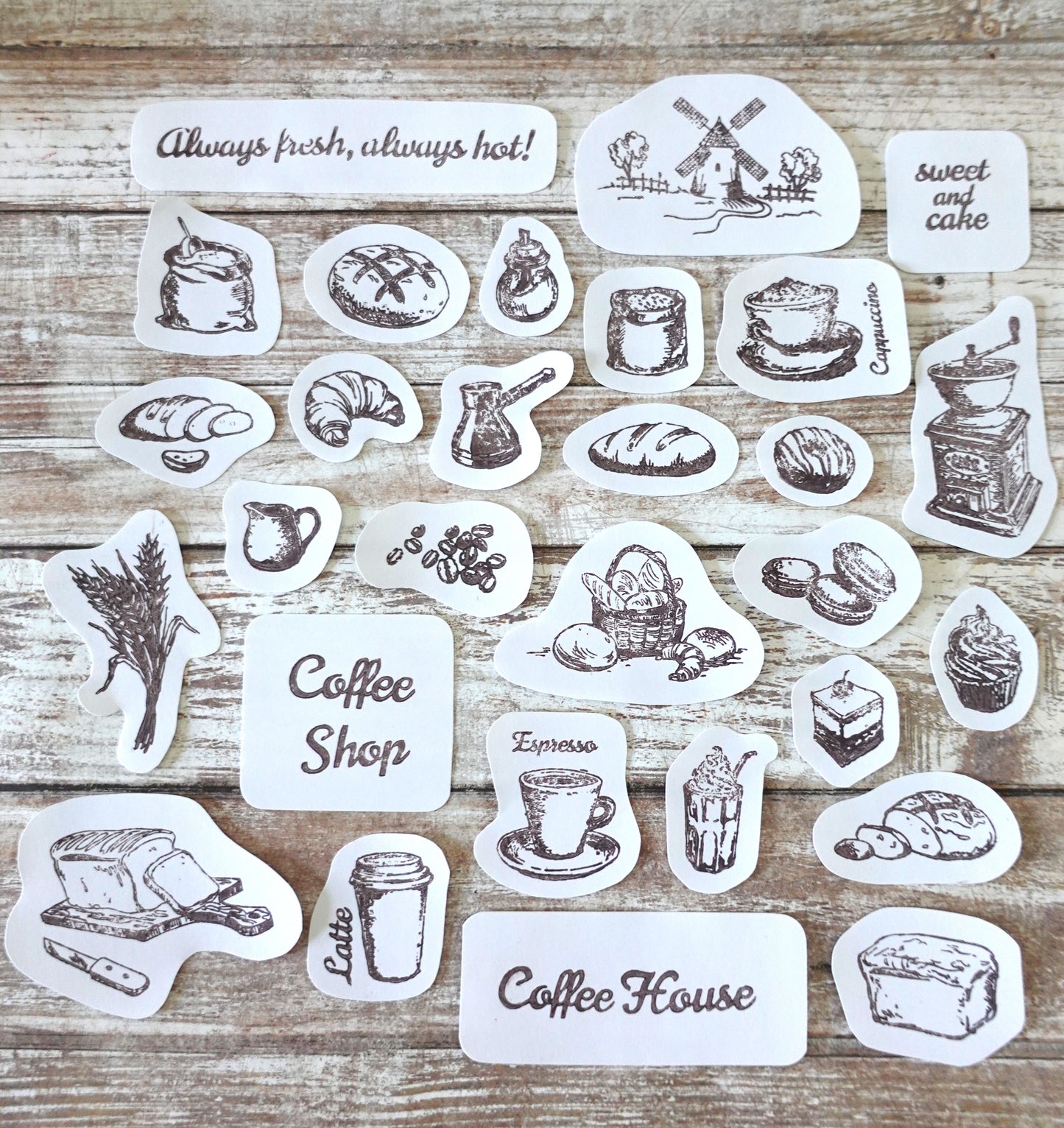 Vintage Coffee, Bread & Sweet Sticker Pack - 29 pieces